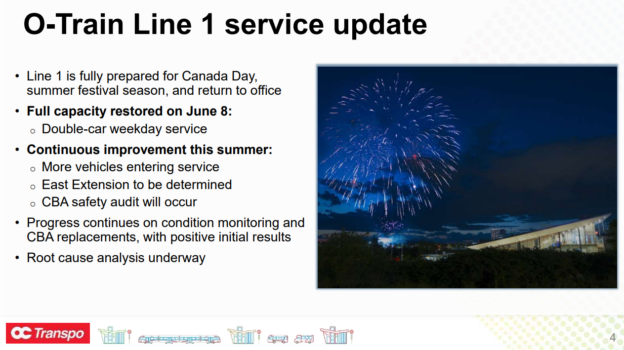 O-Train Line 1 service update 4 • Line 1 is fully prepared for Canada Day, summer festival season, and return to office • Full capacity restored on June 8: o Double-car weekday service • Continuous improvement this summer: o More vehicles entering service o East Extension to be determined o CBA safety audit will occur • Progress continues on condition monitoring and CBA replacements, with positive initial results • Root cause analysis underway