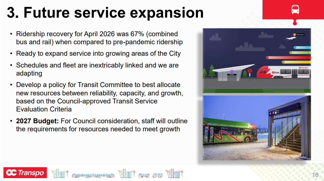 3. Future service expansion • Ridership recovery for April 2026 was 67% (combined bus and rail) when compared to pre-pandemic ridership • Ready to expand service into growing areas of the City • Schedules and fleet are inextricably linked and we are adapting • Develop a policy for Transit Committee to best allocate new resources between reliability, capacity, and growth, based on the Council-approved Transit Service Evaluation Criteria • 2027 Budget: For Council consideration, staff will outline the requirements for resources needed to meet growth
