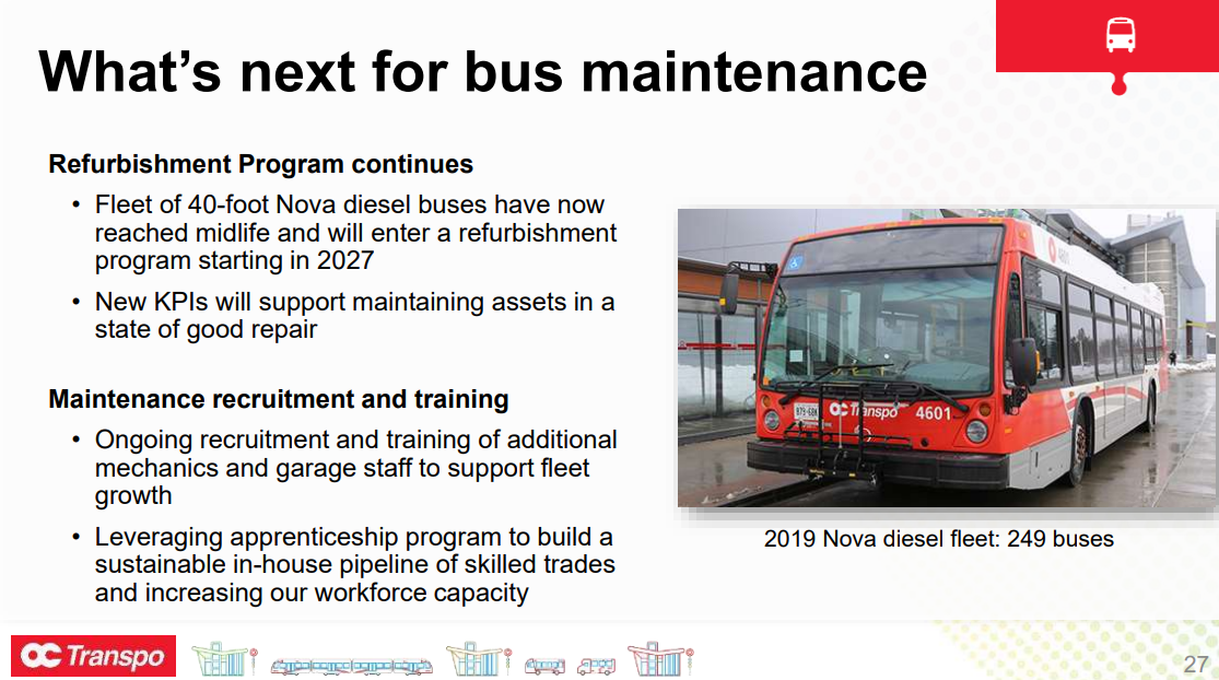 W ’ x Refurbishment Program continues • Fleet of 40-foot Nova diesel buses have now reached midlife and will enter a refurbishment program starting in 2027 • New KPIs will support maintaining assets in a state of good repair Maintenance recruitment and training • Ongoing recruitment and training of additional mechanics and garage staff to support fleet growth • Leveraging apprenticeship program to build a sustainable in-house pipeline of skilled trades and increasing our workforce capacity 27 2019 Nova diesel fleet: 249 buses