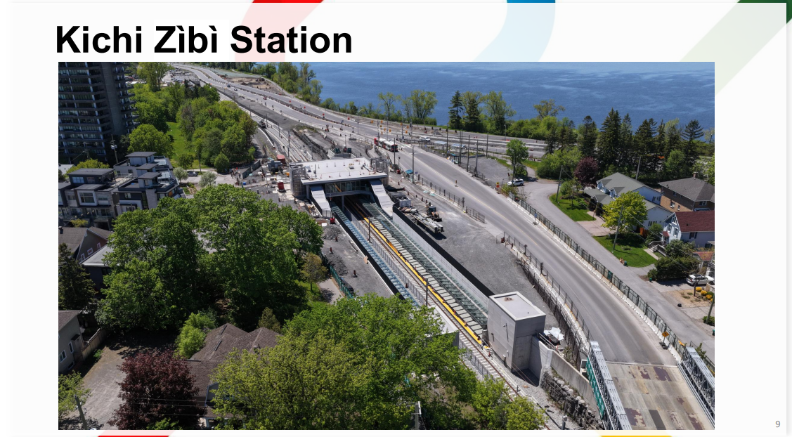 Aerial image of Kichi Zibi station with tracks, OCS, and platform works visible. Construction can be seen at the station headhouse