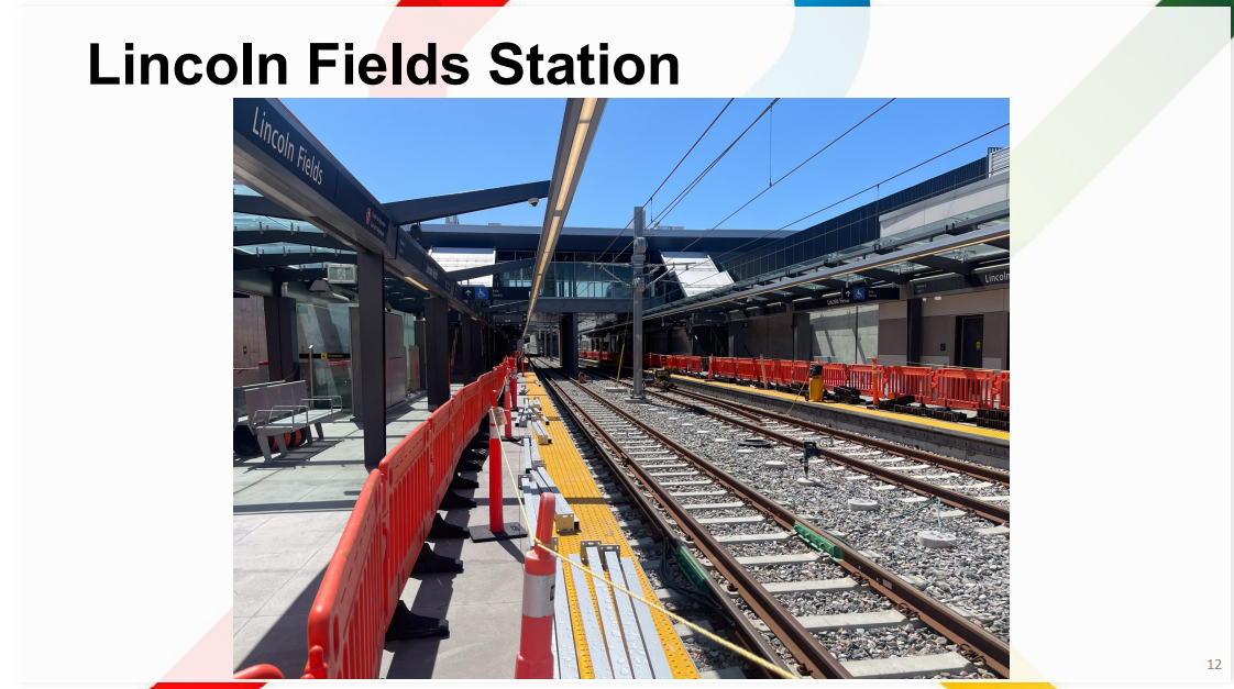 Photo of Lincoln Fields station at track level showing fences surrounding the train, lighting turned on, and finished-looking platforms