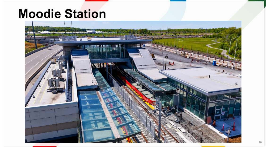 Aerial photo of Moodie station showing fencing at track level, platform canopies, OCS, and an unpaved bus loop in the background.