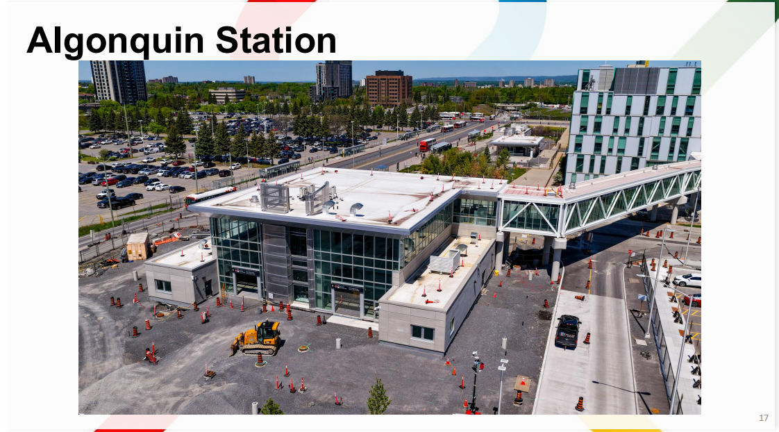 Aerial photo of Algonquin station showing bus loop paving and a complete-looking station headhouse, but gravel passenger plaza
