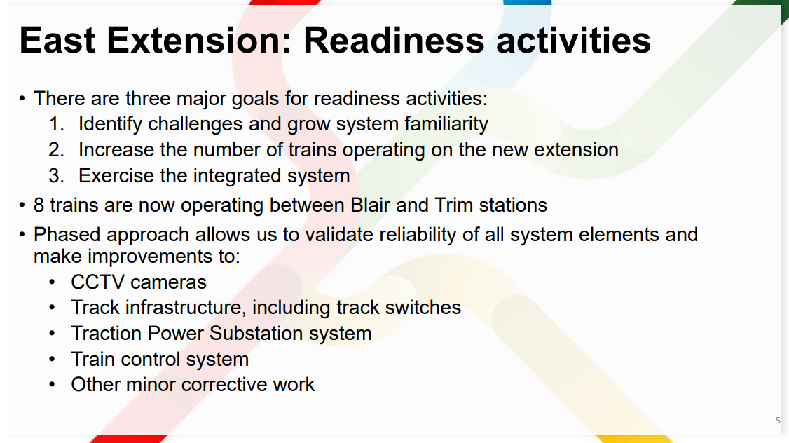 East Extension: Readiness activities 5 • There are three major goals for readiness activities: 1. Identify challenges and grow system familiarity 2. Increase the number of trains operating on the new extension 3. Exercise the integrated system • 8 trains are now operating between Blair and Trim stations • Phased approach allows us to validate reliability of all system elements and make improvements to: • CCTV cameras • Track infrastructure, including track switches • Traction Power Substation system • Train control system • Other minor corrective work