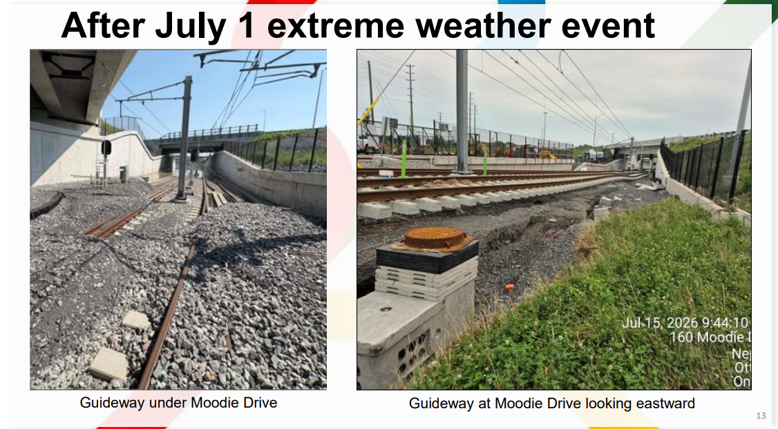 Images showing ballast covering the tracks and the ballast washed away near Moodie Drive