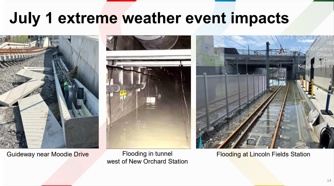 Photos showing concrete blocks knocked around at Moodie station, and flooding near New Orchard and Lincoln Fields stations