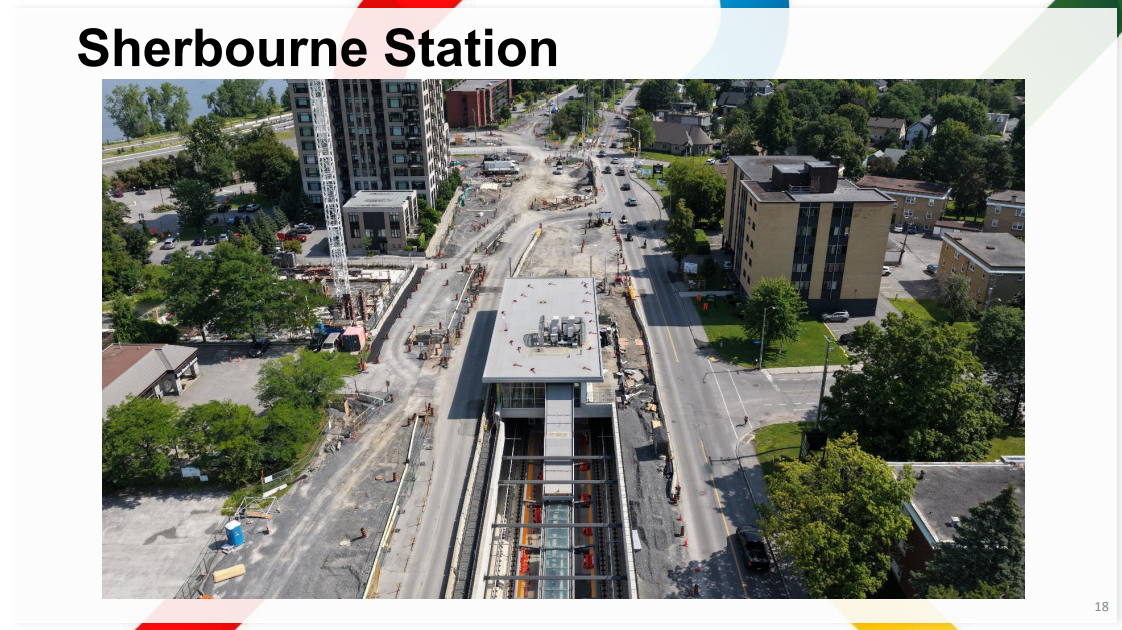 Photo of Sherbourne station showing ... mostly a hole in the ground and the station headhouse